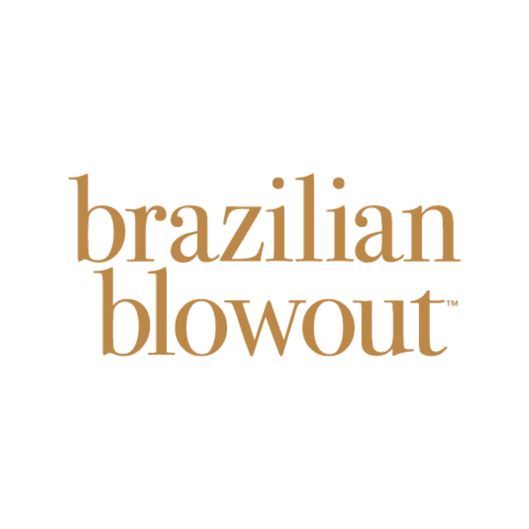 Brazilian Blowout logo in golden text on a white background.