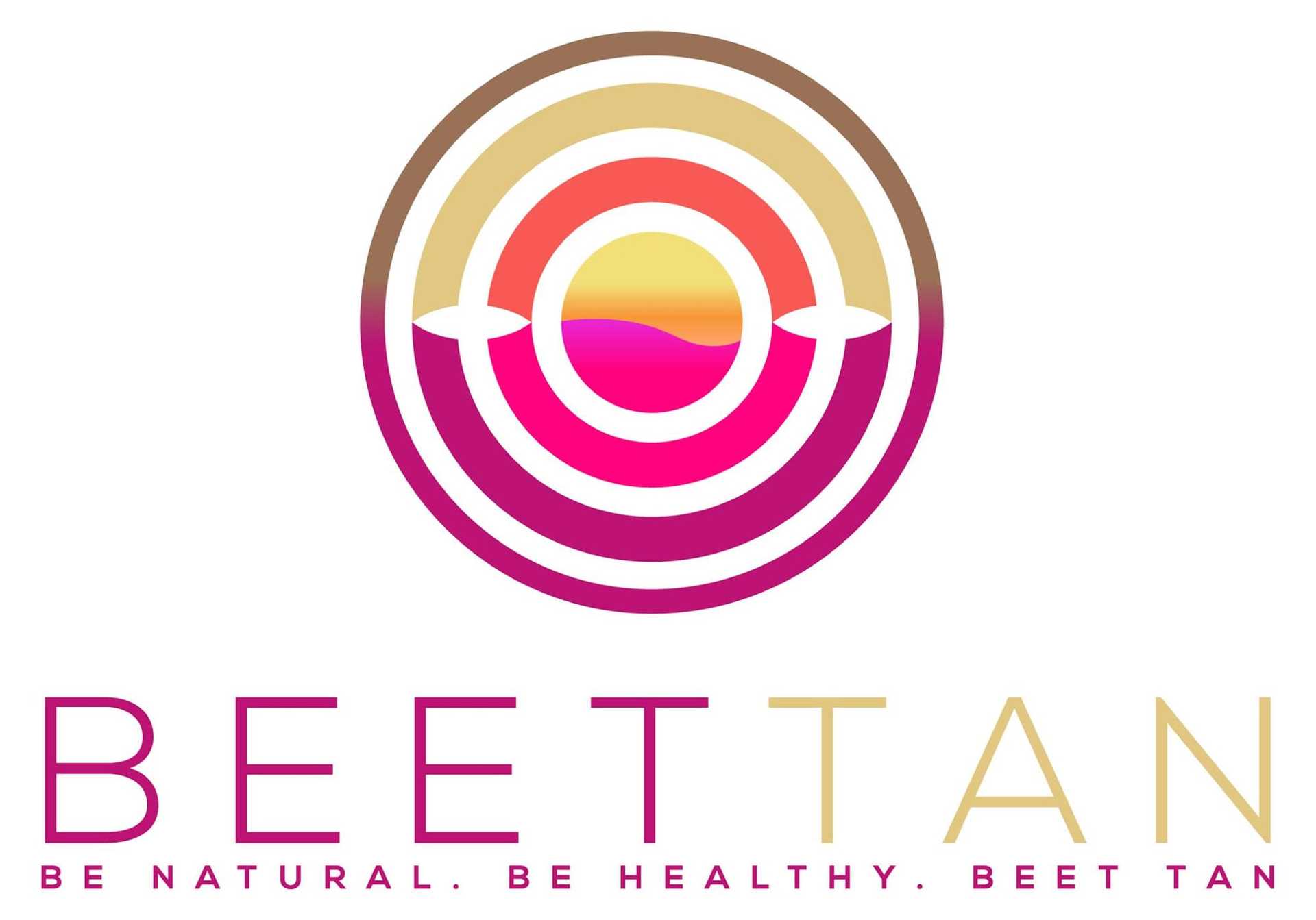 Circular logo with gradient rings and text: "BEET TAN. Be Natural. Be Healthy.